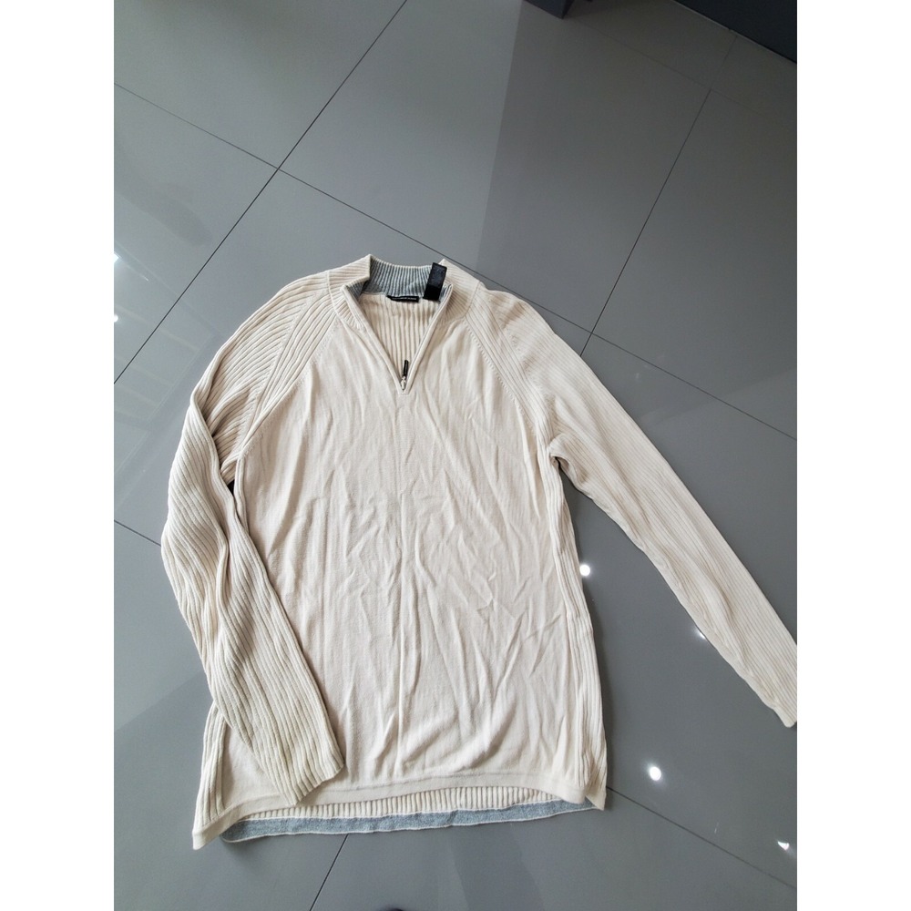 DKNY Jeans XL Shirt Quarter Zip Rib Knit Long Sleeve Mock Neck Cotton Beige